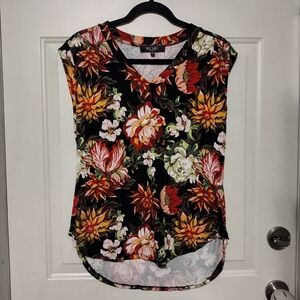 RACHEL Rachel Roy Black Floral V-neck Short Cap Sleeve Hi-Low Blouse Size Medium